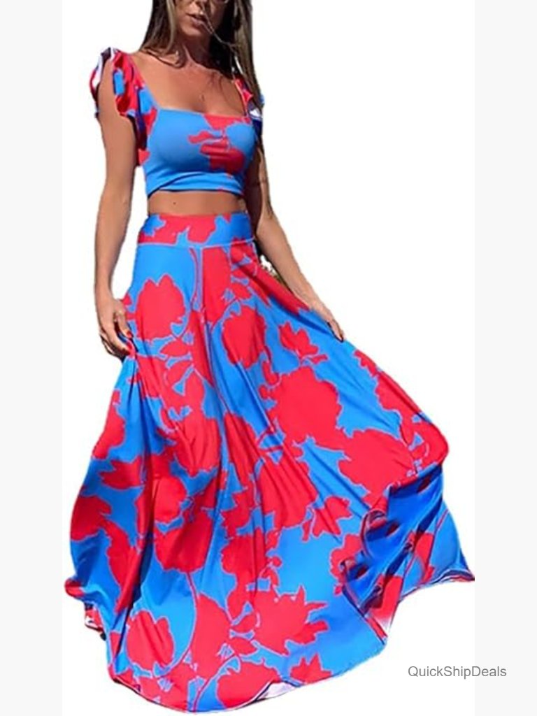 Floral 2 Piece Skirt Set - Sleeveless Tank Top & High Waist Maxi Skirt